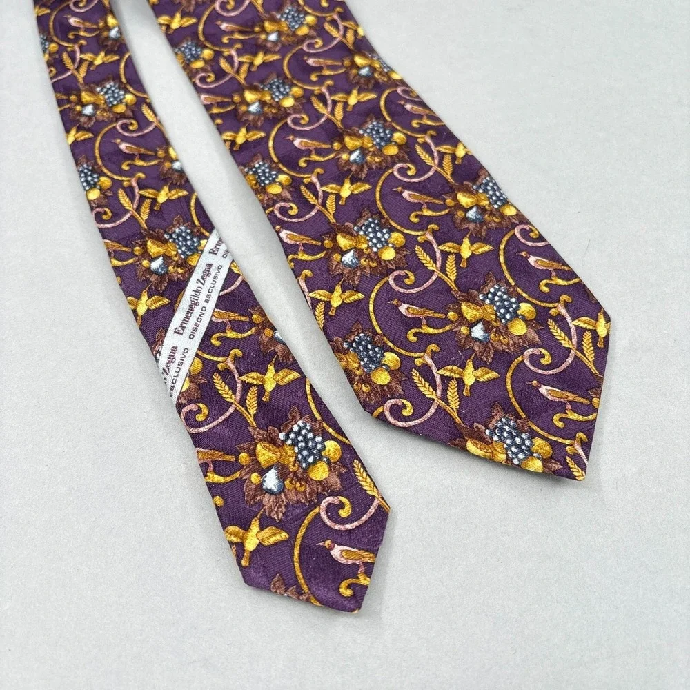 Ermenegildo Zegna Tie Silk‎ Purple Gold Bird Grape Motif Necktie Mens Vintage